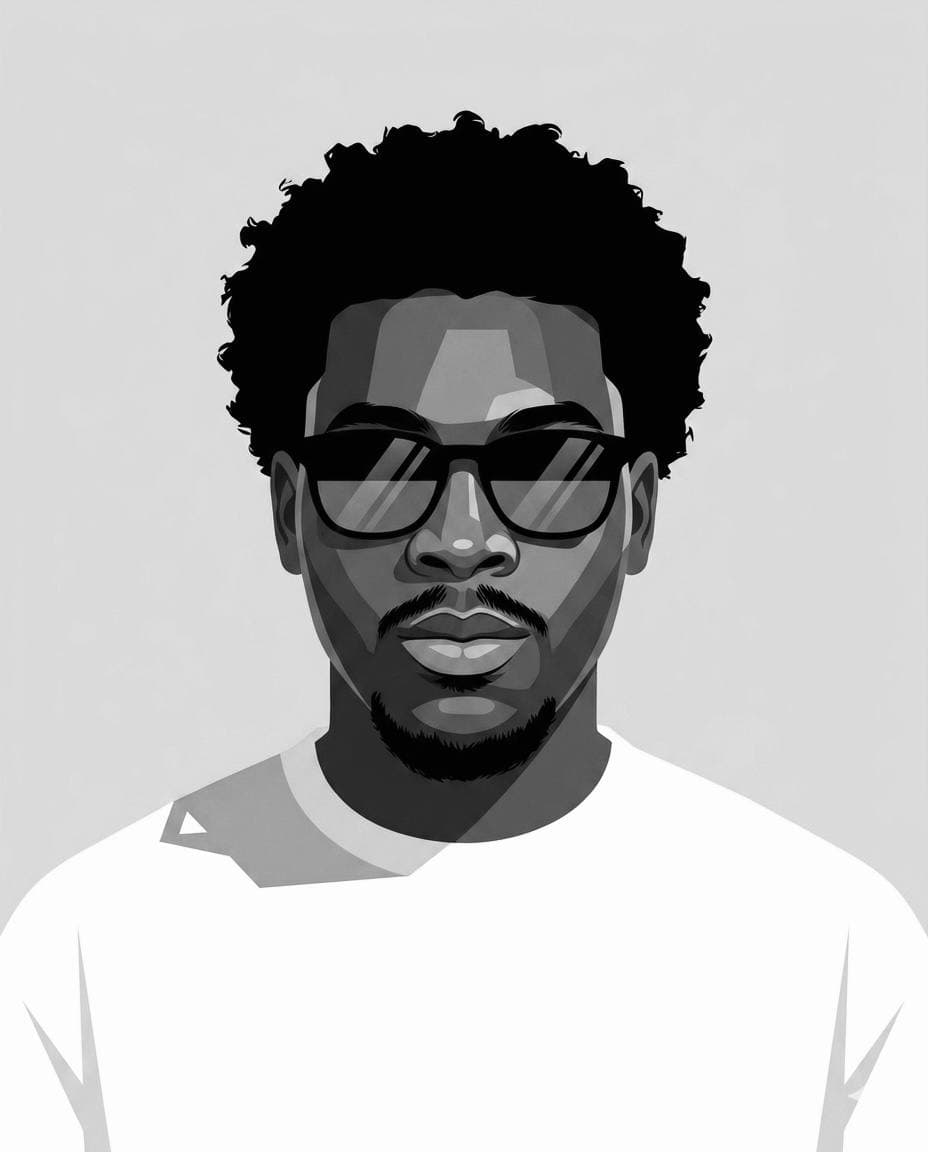 Black-and-white illustrated portrait of Godbless Uduak